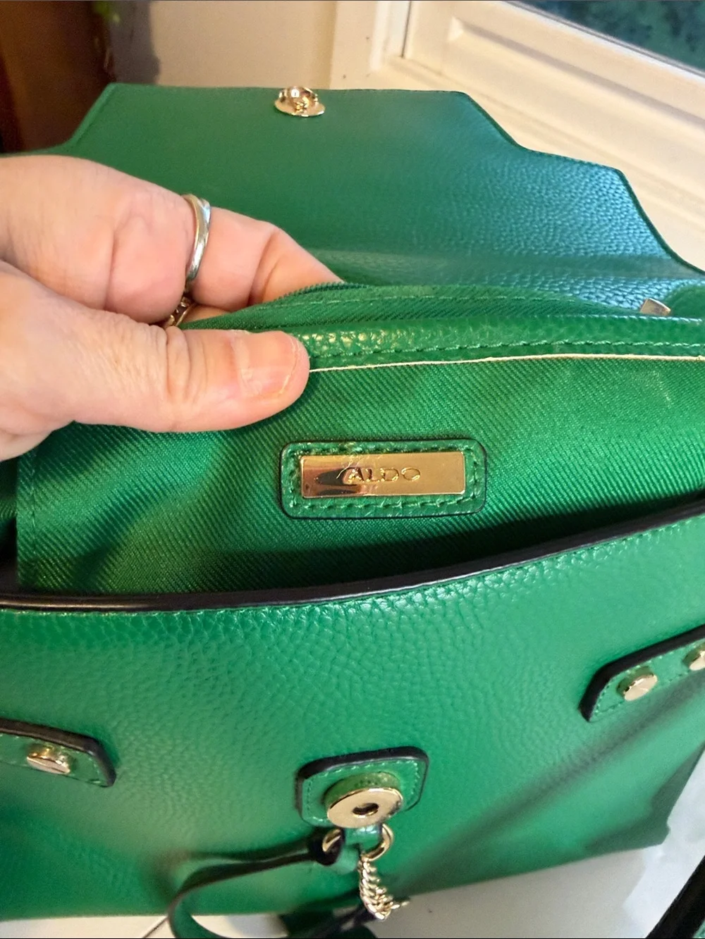 ALDO Kelly Green Top Handle Satchel Bag Gold Padlock Hardware with Scarf